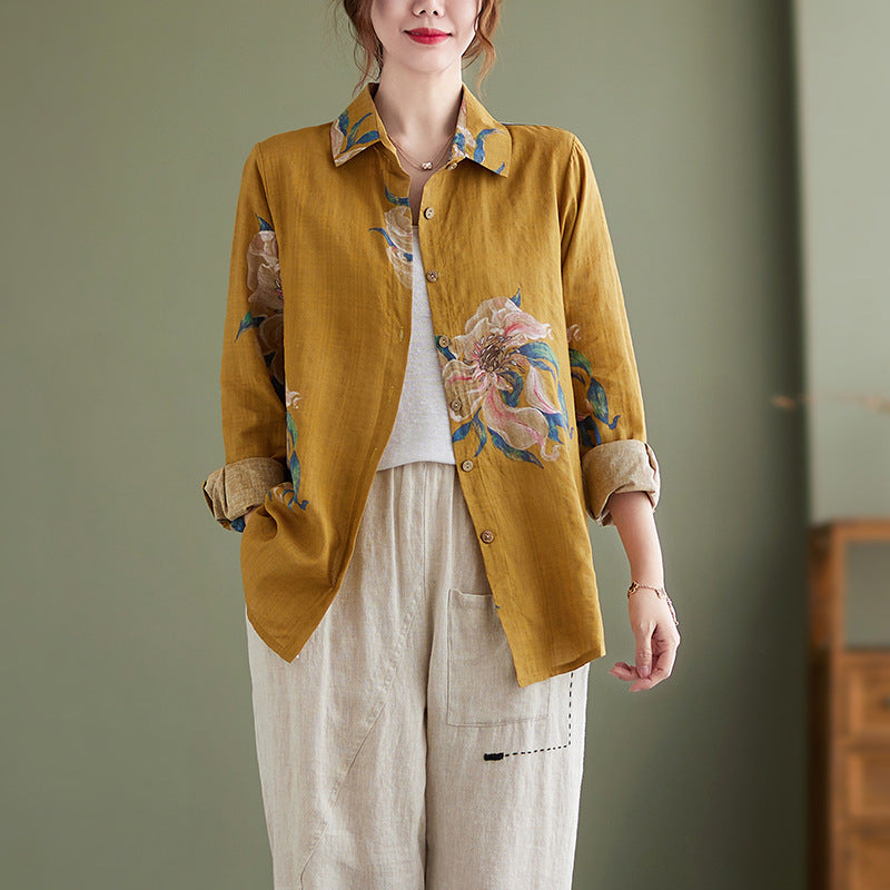 Women's Cotton Linen Shirt with Floral Print