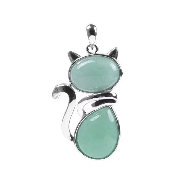 Silver-tone cat pendant with light green natural crystal stones