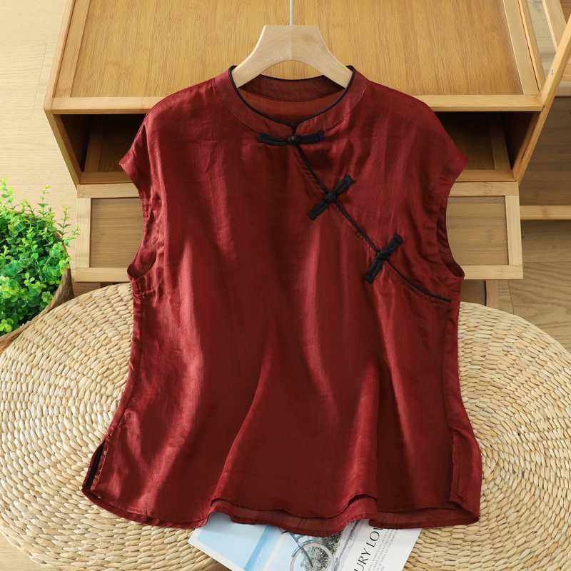 Women's Sleeveless Shirts Cotton Linen Frog Button Top