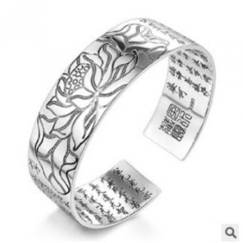 Silver plated open cuff bracelet with engraved lotus flower and mantras