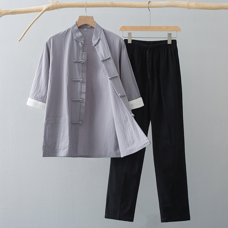 Men's Tang Suit Set: Cotton Blend Short Sleeve Top and Pants