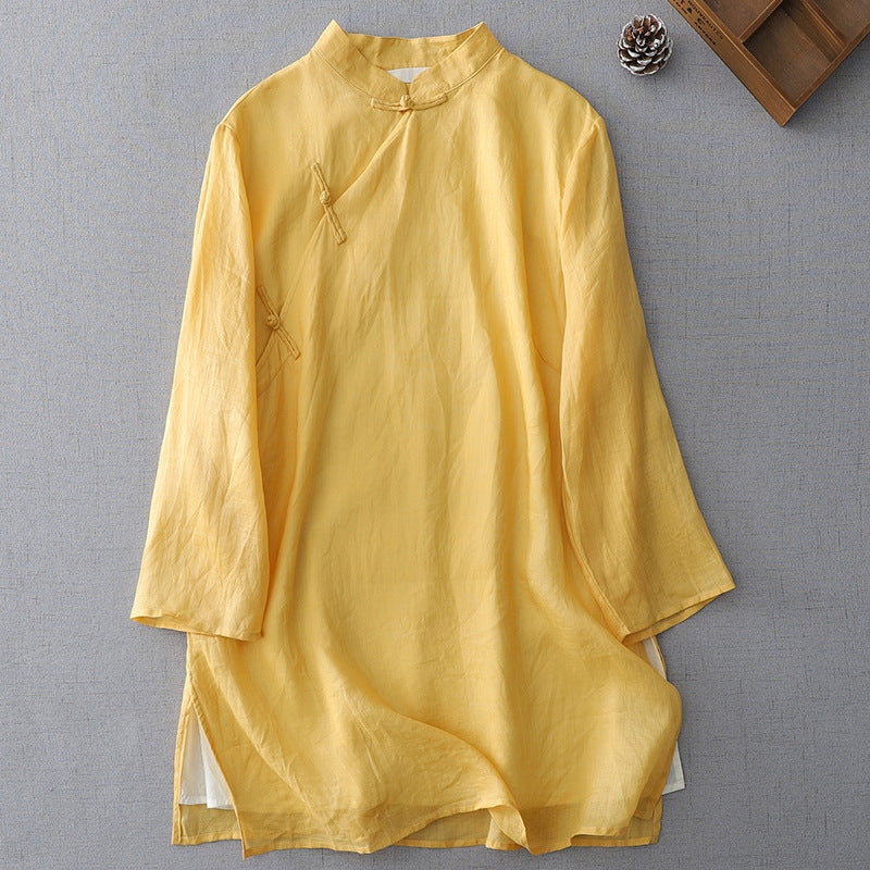 Solid Color Frog-Button Three Quarter Sleeve Double Layer Shirt