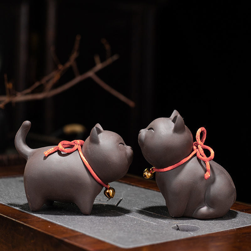 Purple Clay Cat Tea Pet Figurine, Chinese Tea Table Decoration