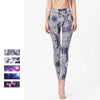 Woman wearing blue and white patterned high waist yoga leggings