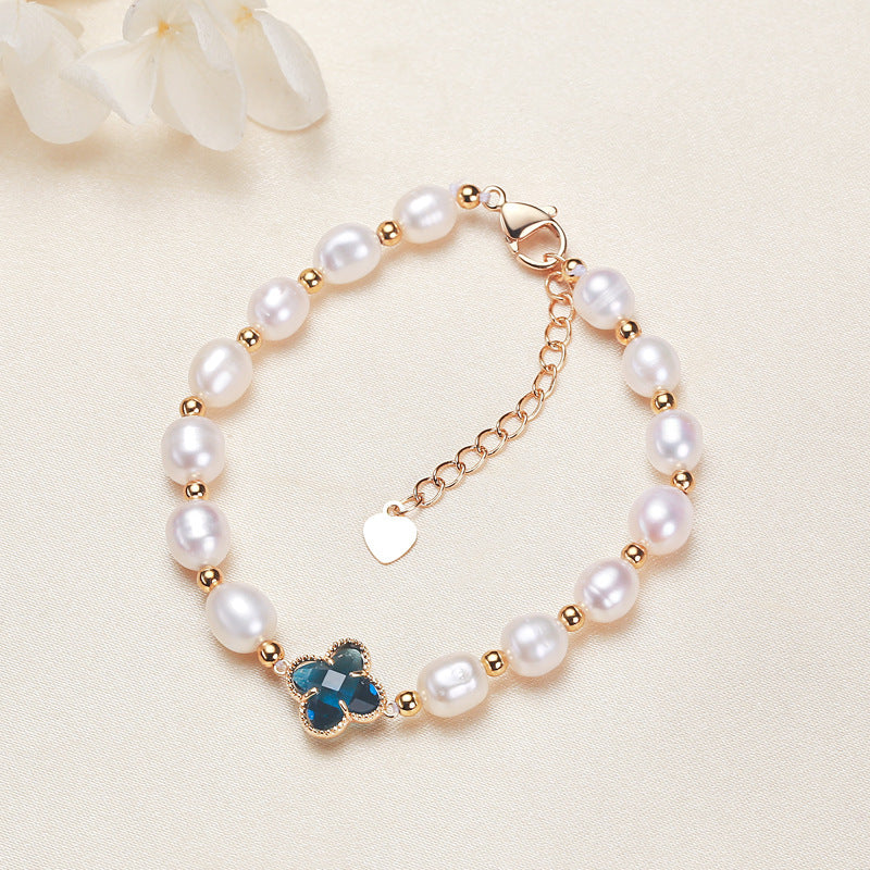 Pearl Four Leaf Clover Bracelet, Floral Chain Jewelry