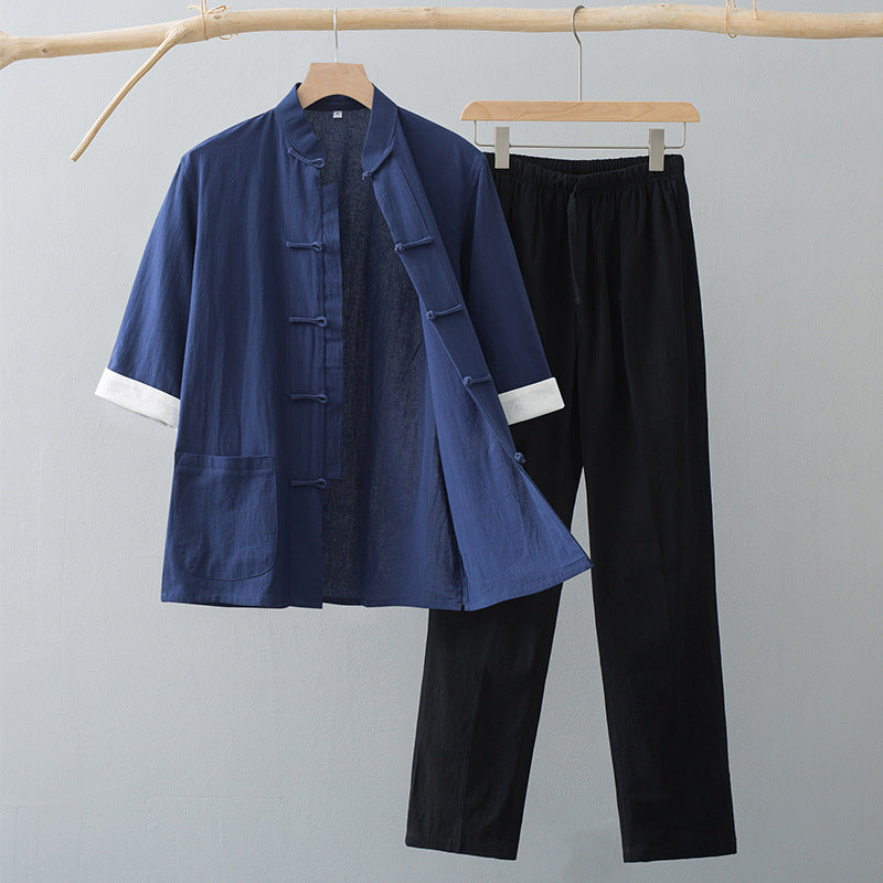 Men's Tang Suit Set: Cotton Blend Short Sleeve Top and Pants