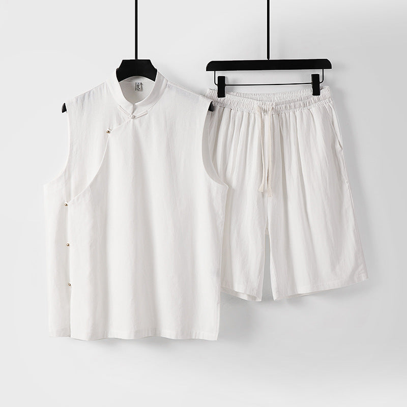Men's Cotton Linen Vest and Shorts Set, Chinese Style Sleeveless Top