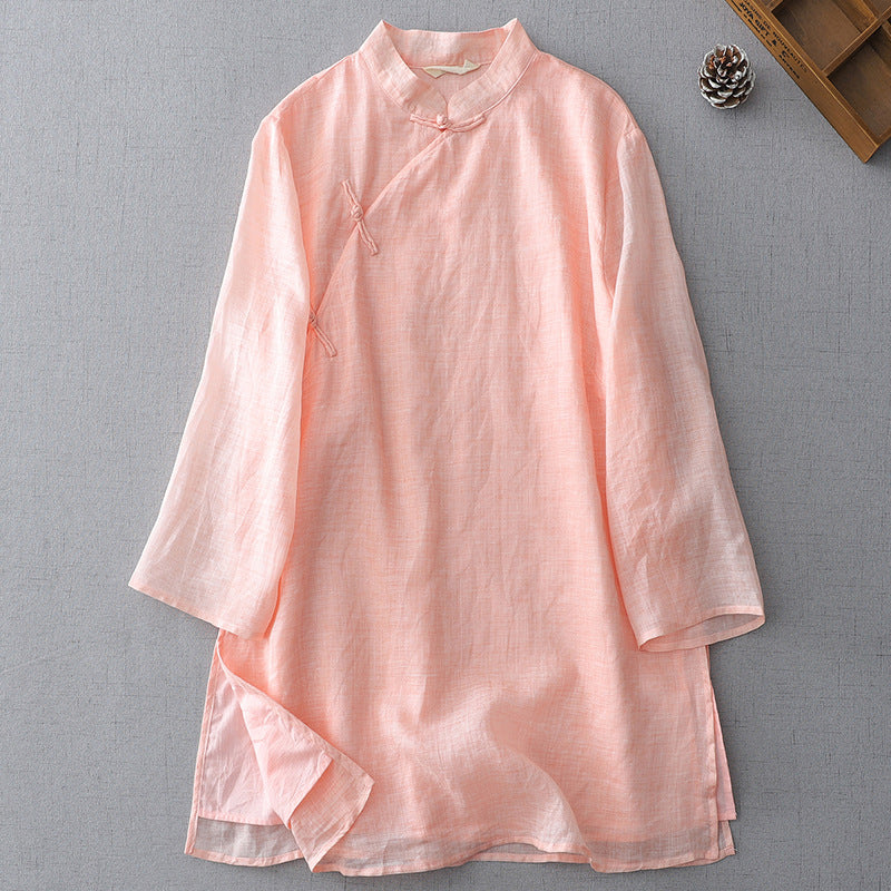 Solid Color Frog-Button Three Quarter Sleeve Double Layer Shirt