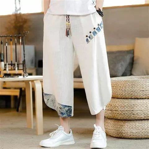 Men's Patchwork Cotton Linen Cropped Pants With Pockets
