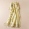 Embroidered Leaf Crew Neck Half Sleeve Fiber Midi Dress