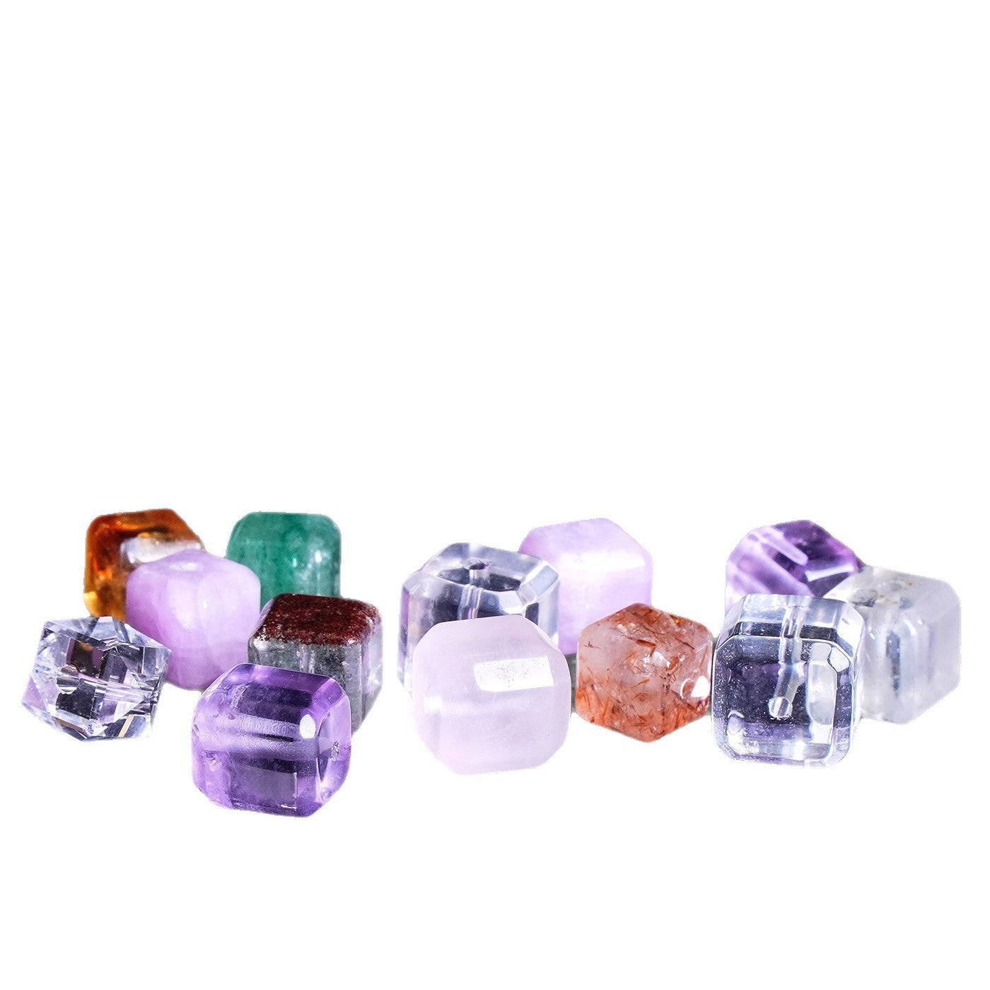 Assorted natural crystal sugar cube beads in various colors including purple, pink, and clear