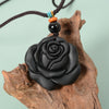 Black Obsidian Rose Pendant Necklace, Carved Flower