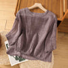 Purple cotton linen blend women's t-shirt on a wooden hanger