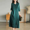 Cotton Linen Midi Dress with V-neck and Pleated Detail