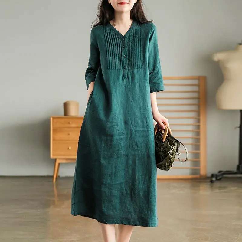 Cotton Linen Midi Dress with V-neck and Pleated Detail