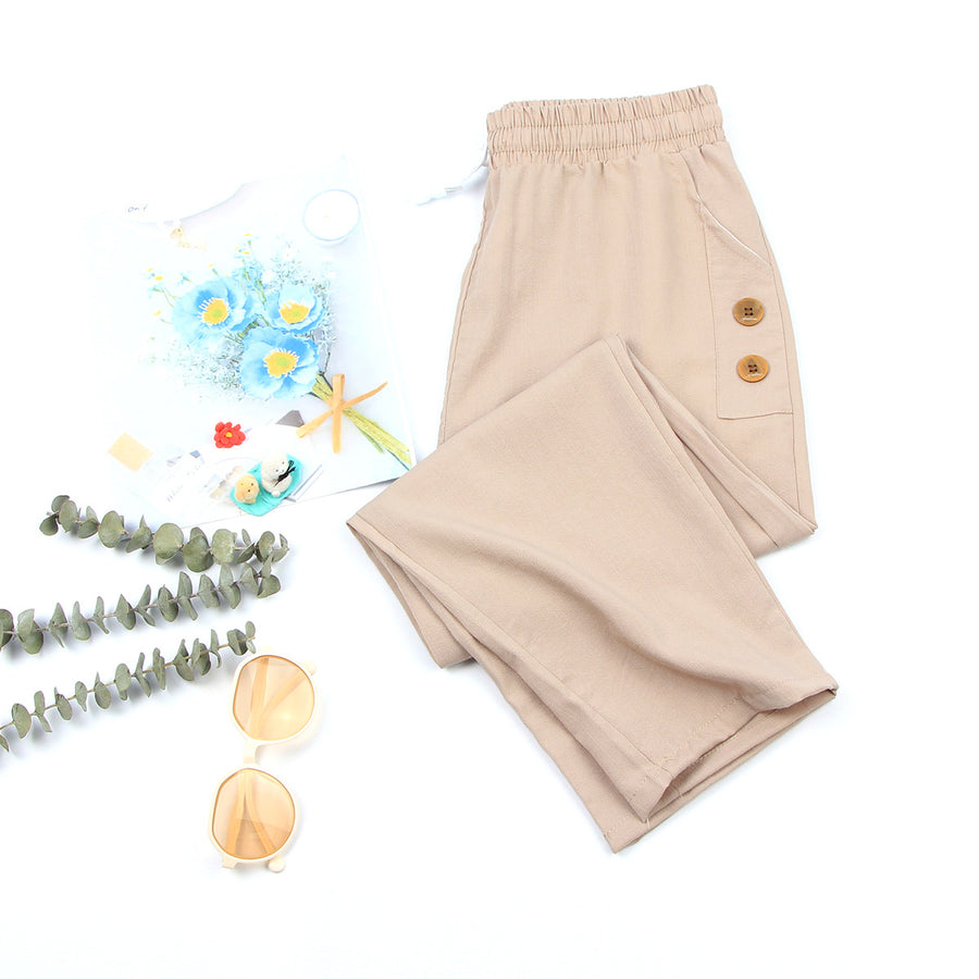 Linen Blend Cropped Pants with Drawstring and Pockets