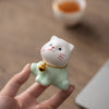 Ceramic Lucky Cat Figurine Set, Mini White and Green Decoration