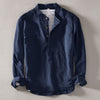 Navy blue men's long sleeve shirt with a stand collar and half button placket