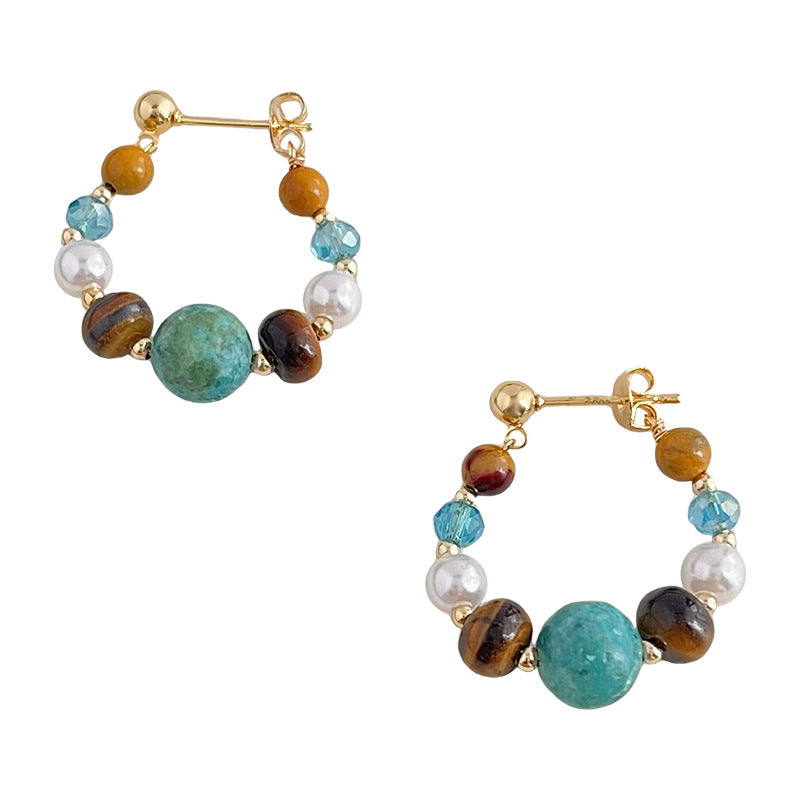 Pair of gold-tone hoop earrings with mixed natural stone beads