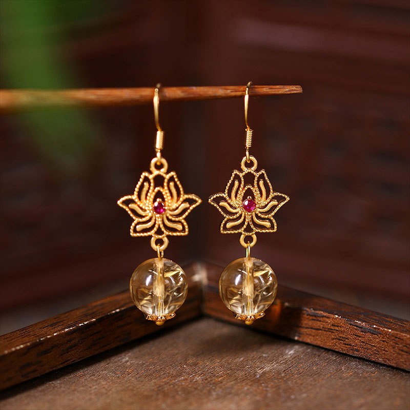 Enamel and Natural Crystal Drop Earrings, Chinese Style