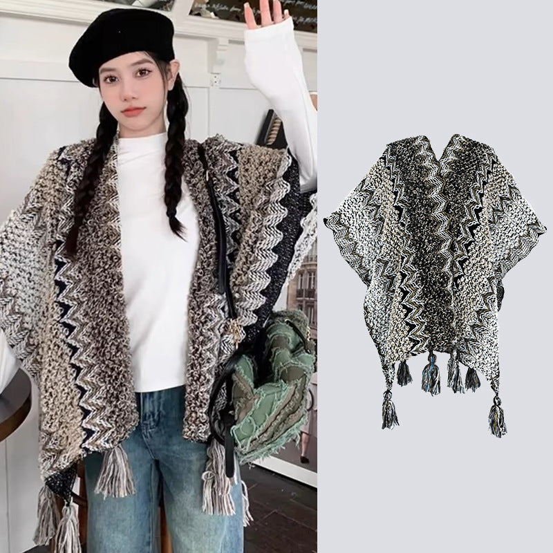 Knit Striped Poncho Wrap with Tassels, Cozy Travel Shawl