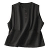 Black sleeveless linen cotton top with button placket and front pockets
