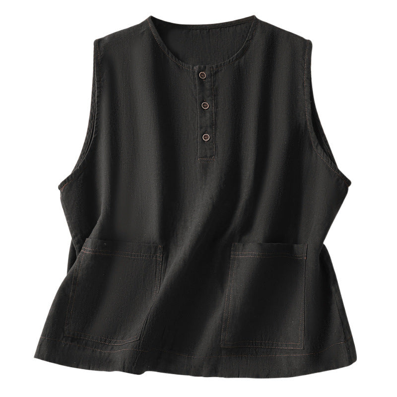Black sleeveless linen cotton top with button placket and front pockets