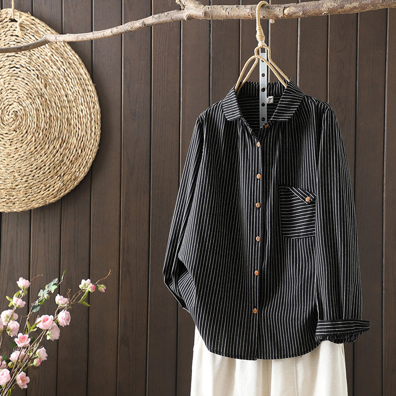 Striped Cotton Linen Shirt Long Sleeve Button Down