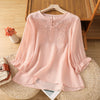 Embroidered Floral Three Quarter Sleeve Button Crew Neck Women's Shirt