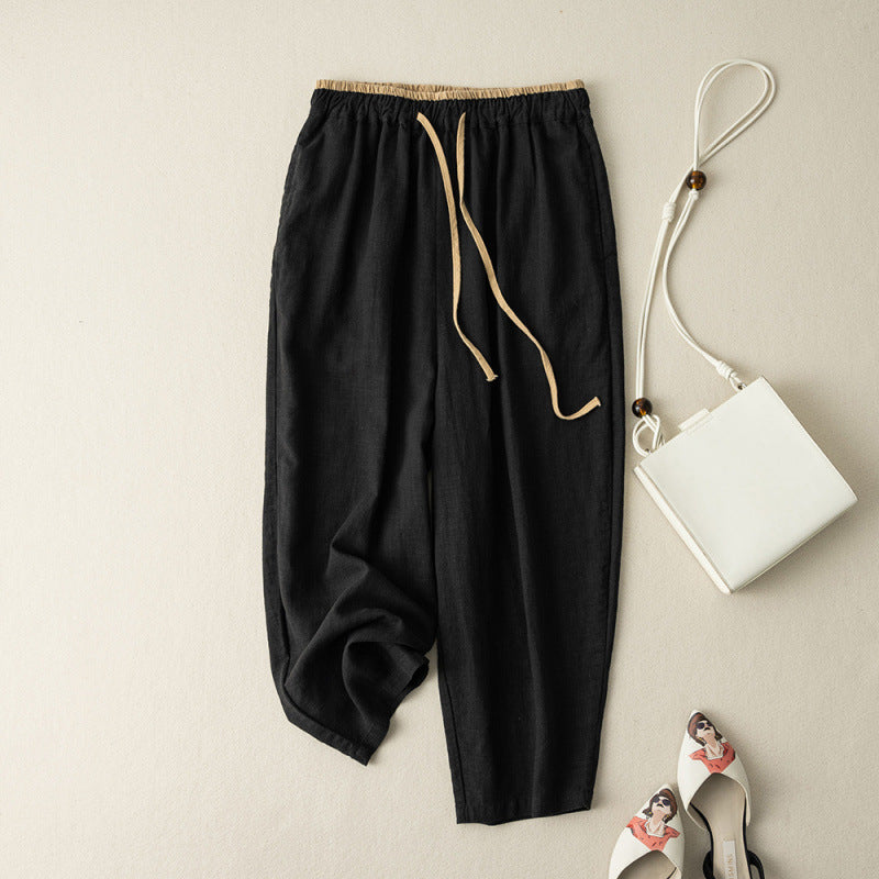 Casual Solid Color Cotton Linen Drawstring Women's Pants With Pockets