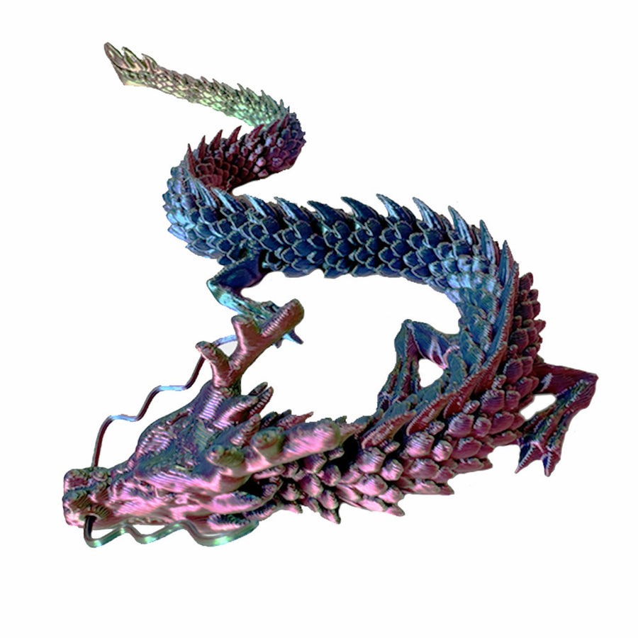 A colorful, articulated 3D printed Chinese dragon statue posed on a white background.