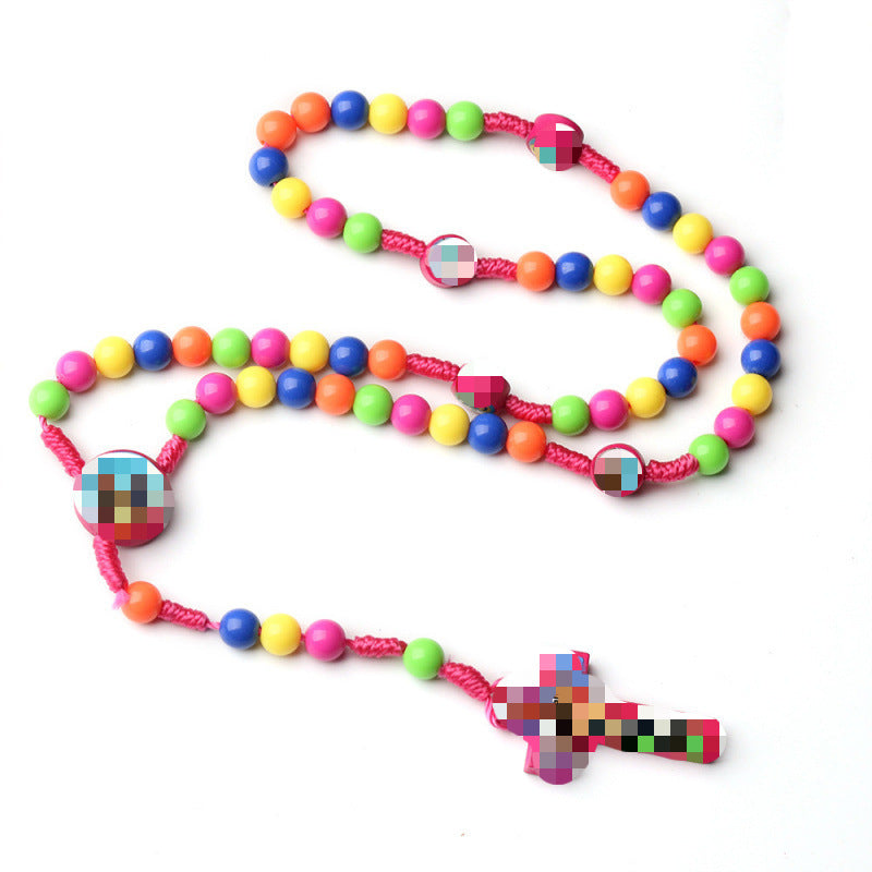 Colorful kids prayer necklace with round beads and a cross pendant