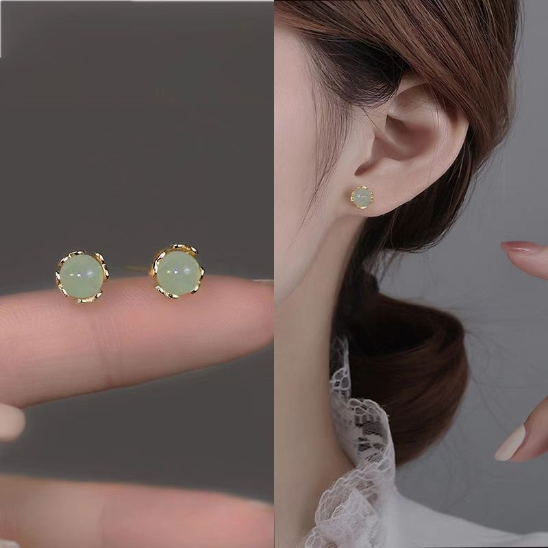 Hetian Jade Heart Stud Earrings, Copper Plated