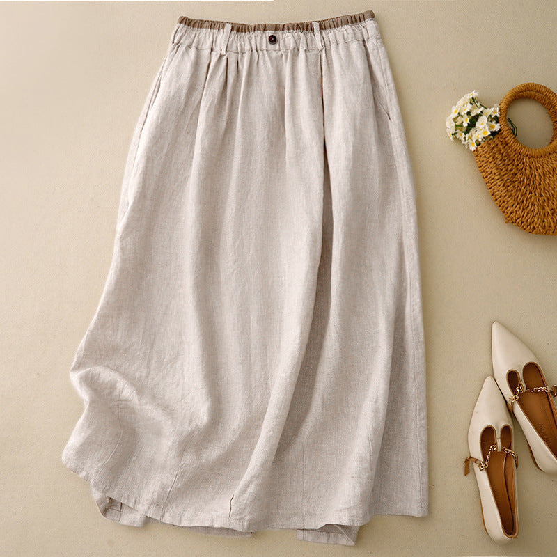 Cotton Linen A-Line Skirt with Side Slit and Pockets