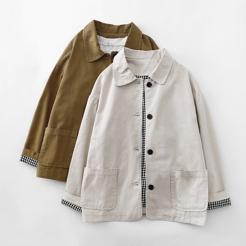 Beige and khaki cotton blend jackets with black buttons and checkered lining