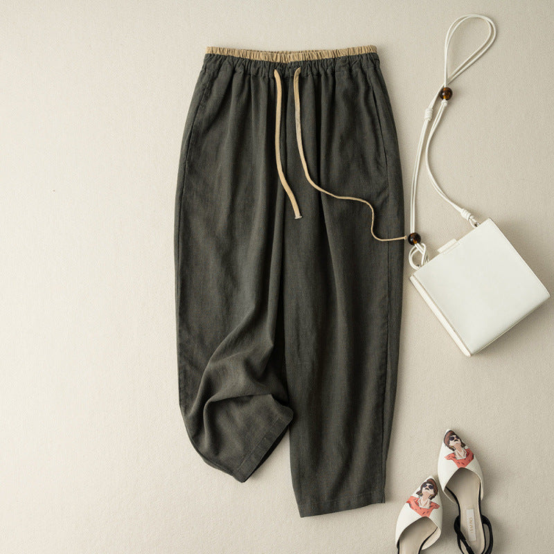 Casual Solid Color Cotton Linen Drawstring Women's Pants With Pockets