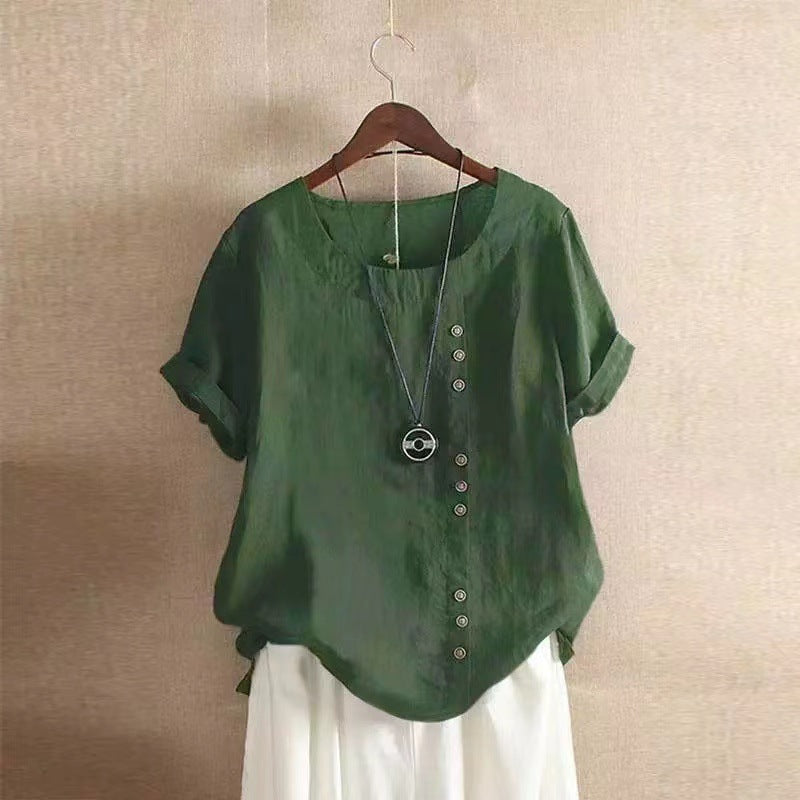 Women's Linen-Blend Short Sleeve T-Shirt with Buttons
