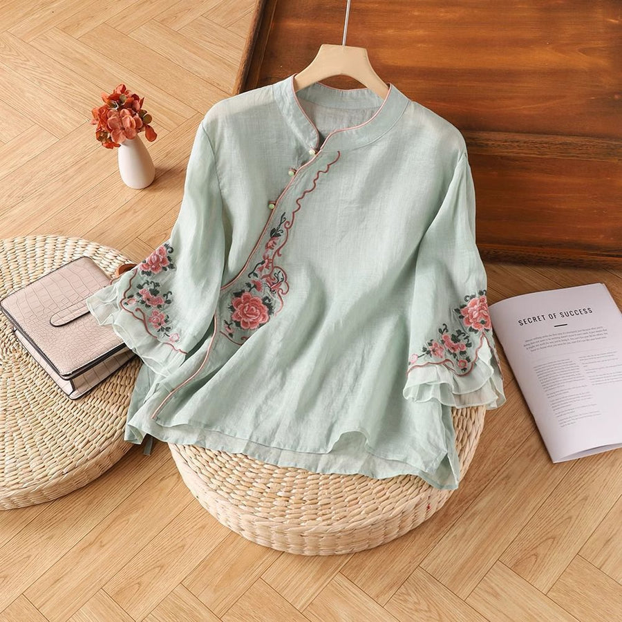 Women's Cotton Embroidery Floral Shirt with Frog Buttons