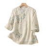 Close up of cream shirt fabric with blue flowers orange leaves and white frog buttons