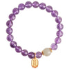 Purple beaded bracelet with white jade and gold charm on wrist