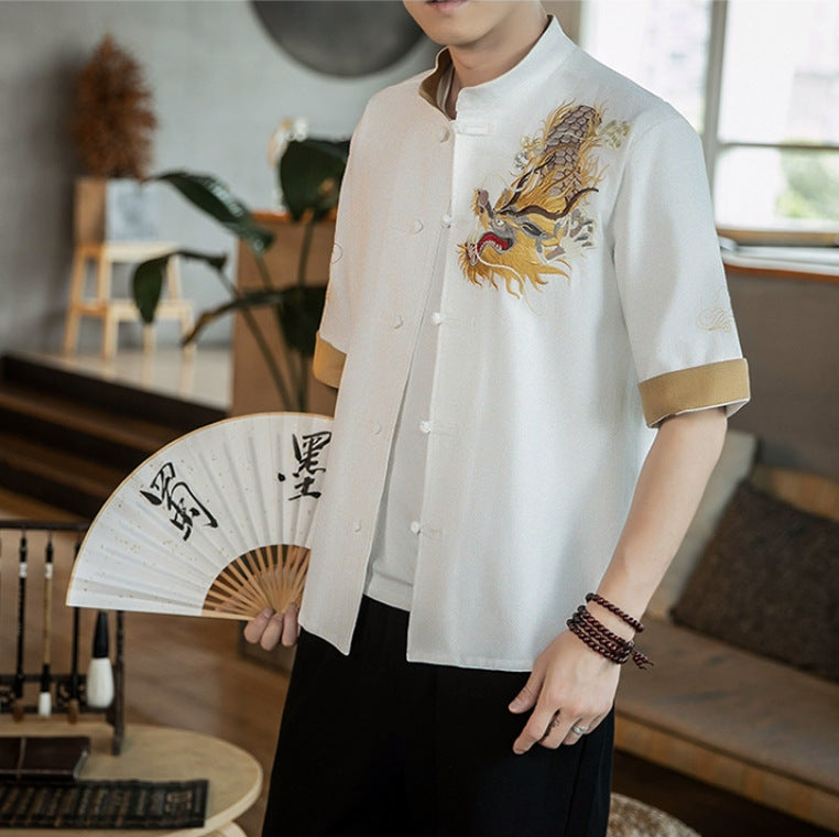 Men's Chinese Dragon Embroidery Cotton Linen Shirt