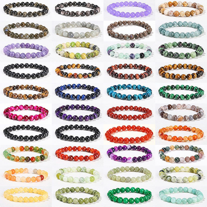 A grid showing various colorful natural stone bead bracelets laid out flat