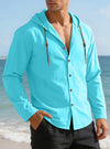 Men's Solid Color Long Sleeve Hooded Drawstring Buttons Shirt