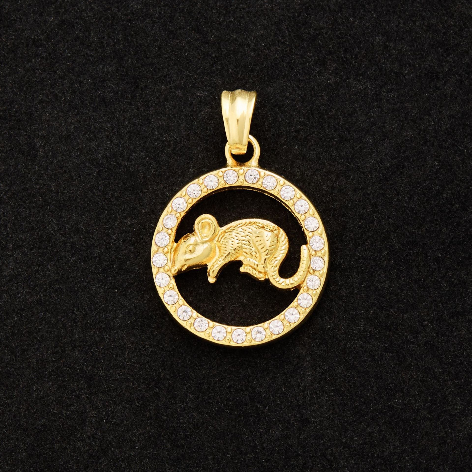 Gold-tone round pendant featuring a Chinese zodiac animal inside a circle of stones