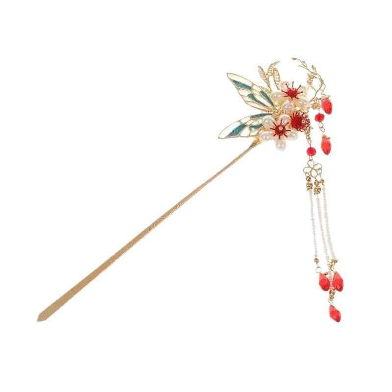 Gold tone metal hair stick with butterfly and red bead tassels