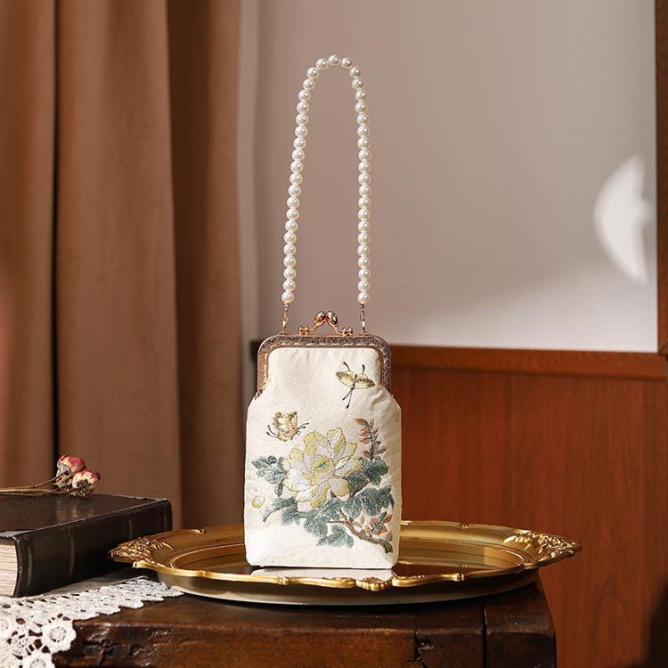 Embroidered Floral Pearl Chain Clutch Bag