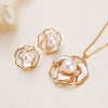 925 Sterling Silver Pearl Camellia Necklace and Earrings Set