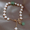 Faux Pearl Bracelet with Green Beads and Gold-Tone Toggle Clasp
