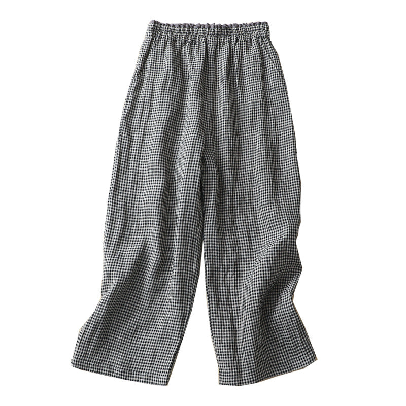 Blue checkered wide leg cotton linen pants for women