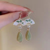 Fan Pattern Luck Drop Earrings with Bamboo Leaf Design